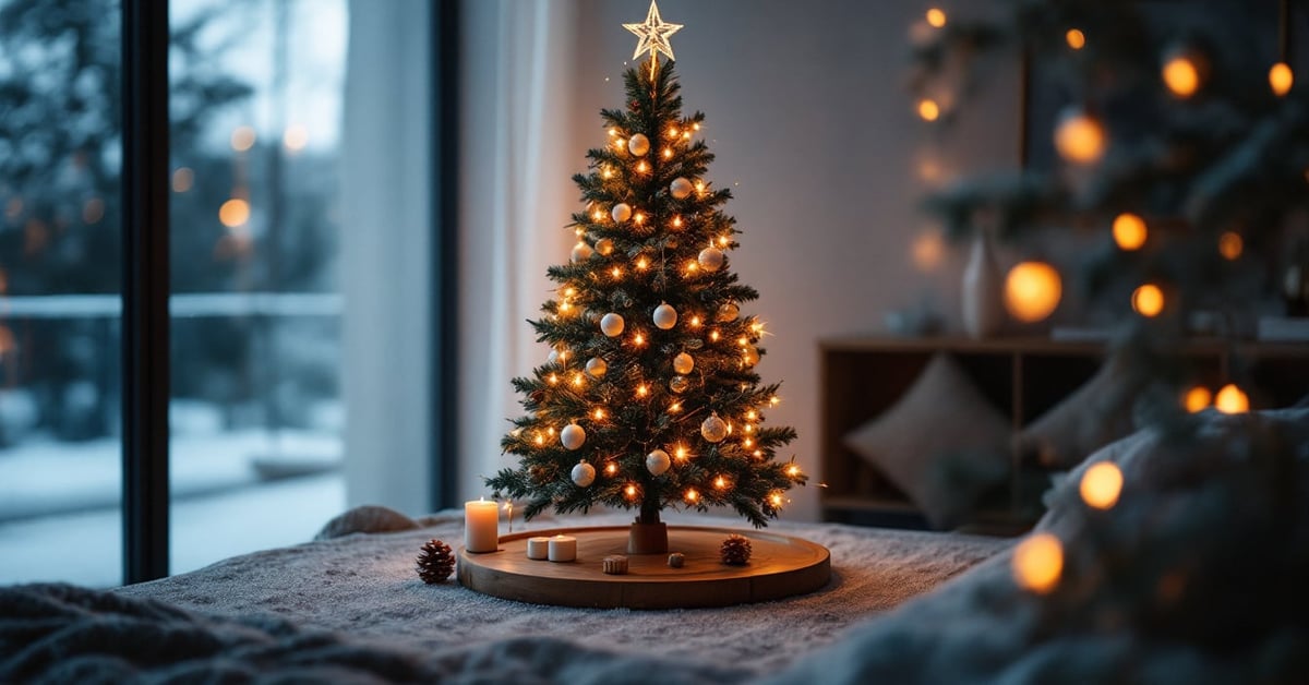 Décoration de Noël intérieure élégante avec guirlandes lumineuses et ornements festifs dans un salon moderne