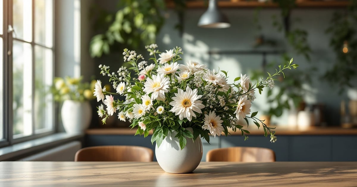 Bouquet de fleurs fraîches dans un vase moderne posé sur une table dans un intérieur contemporain lumineux