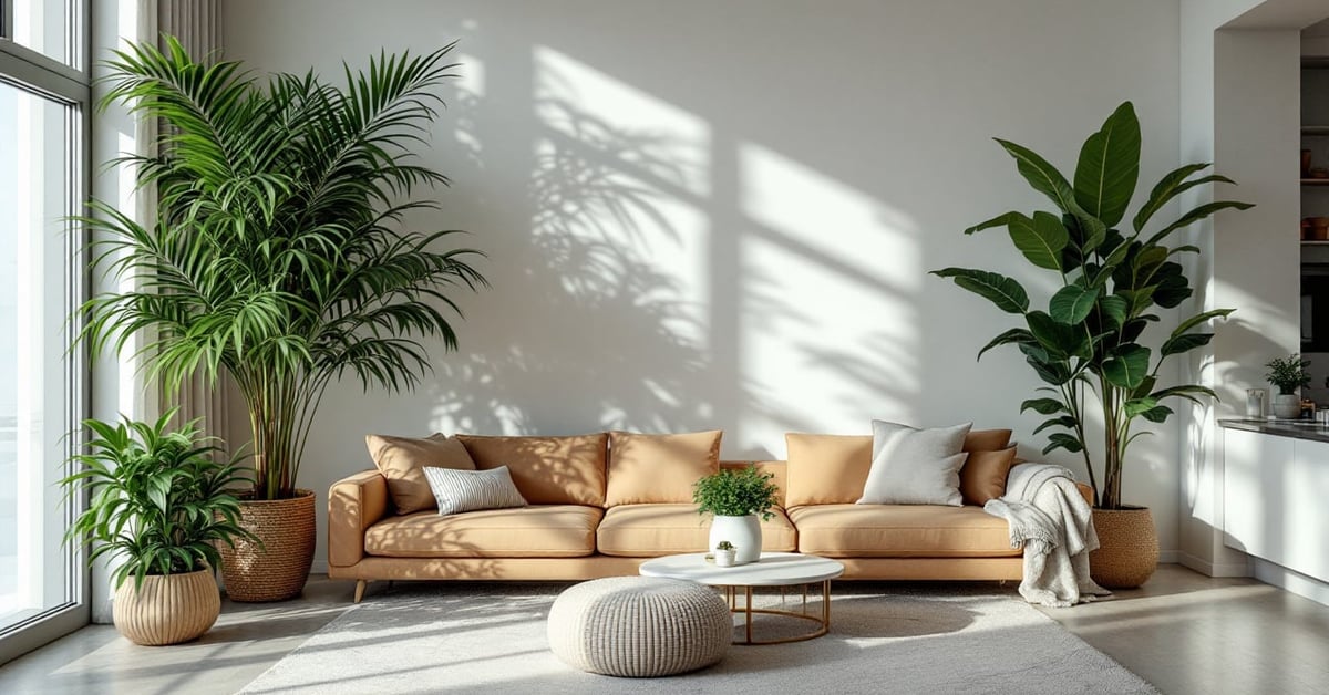 Plantes artificielles intérieur disposées dans un salon moderne avec éclairage naturel