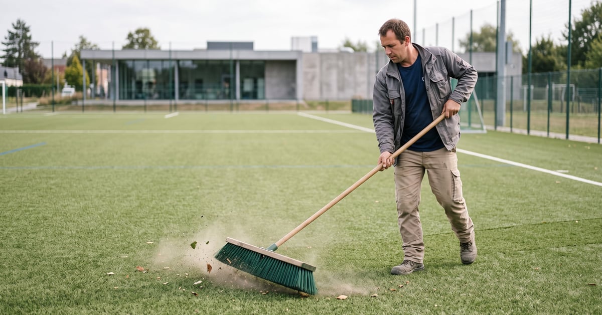 Balai adapté au gazon synthétique posé sur une pelouse artificielle verte