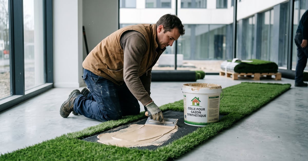 Colle pour gazon synthétique appliquée sur une surface de pose lors d'une installation professionnelle