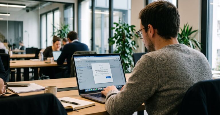 Utilisateur débloquant son compte Gmail suite à une alerte d'intervention de sécurité sur ordinateur