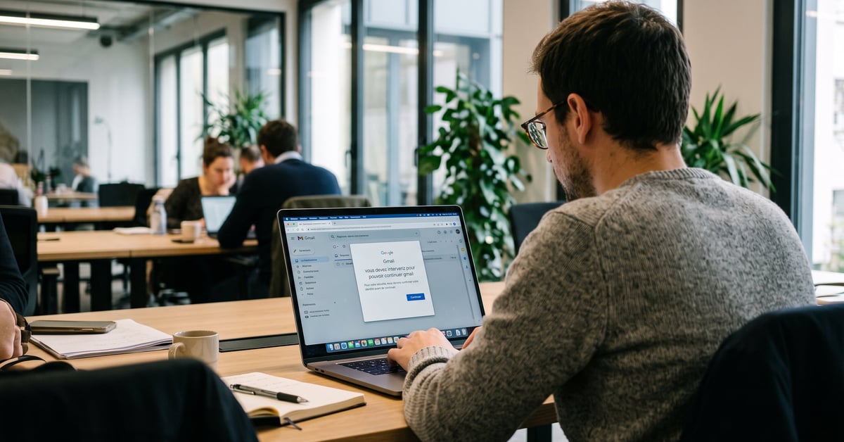 Utilisateur débloquant son compte Gmail suite à une alerte d'intervention de sécurité sur ordinateur