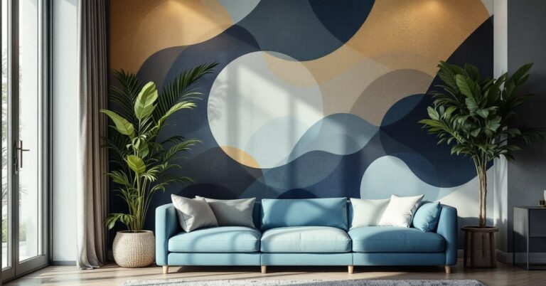 Décoration intérieure murale moderne avec tableau, plantes et étagères dans un salon contemporain