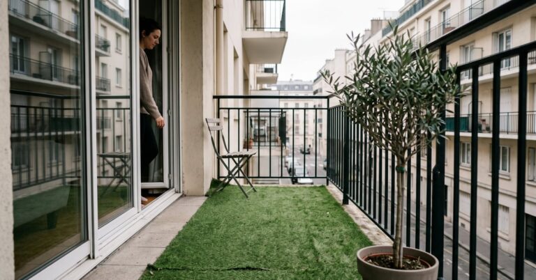 Gazon synthétique installé sur un balcon moderne, offrant un espace extérieur verdoyant et confortable