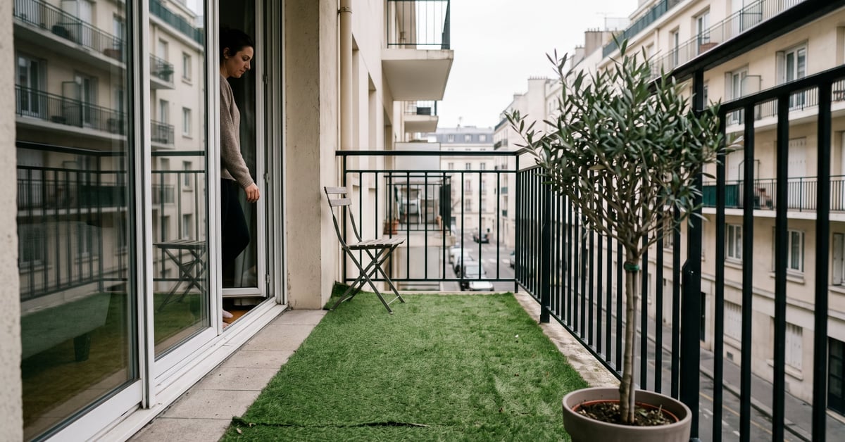 Gazon synthétique installé sur un balcon moderne, offrant un espace extérieur verdoyant et confortable