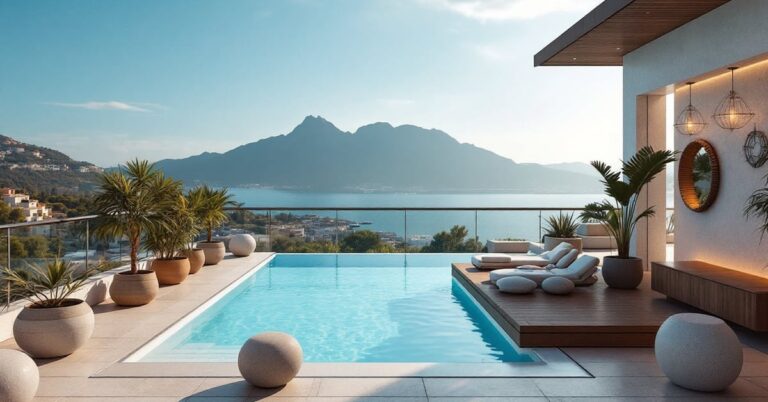 Terrasse moderne avec gazon synthétique vert soigné, vue panoramique en lumière naturelle