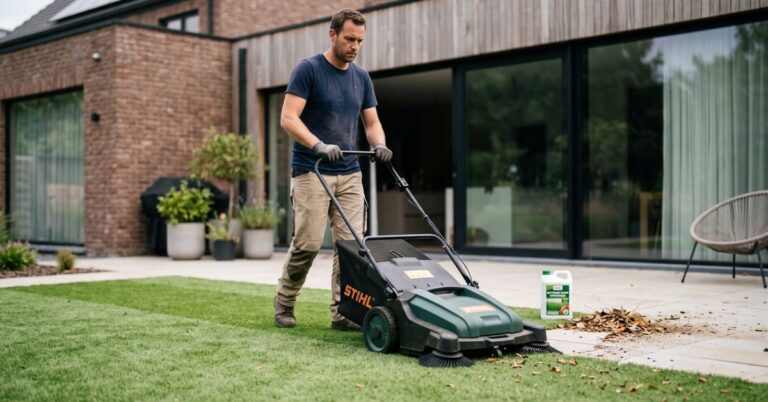 Nettoyant gazon synthétique appliqué sur une pelouse artificielle verte pour un entretien efficace
