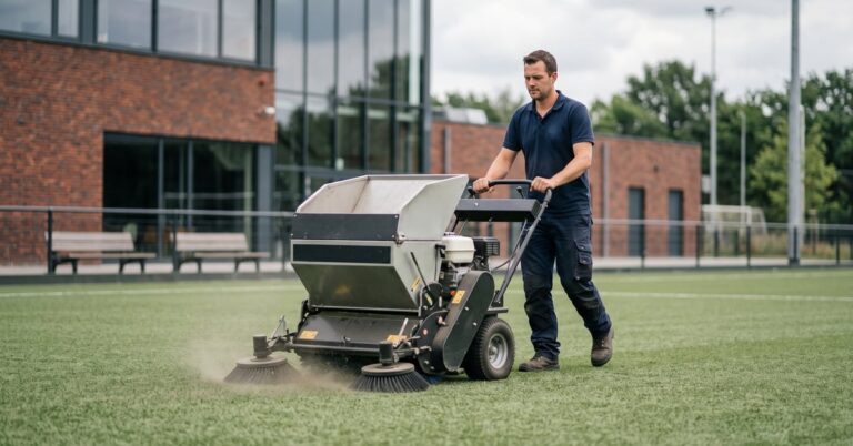 Nettoyeur haute pression utilisé pour nettoyer un gazon synthétique vert en extérieur