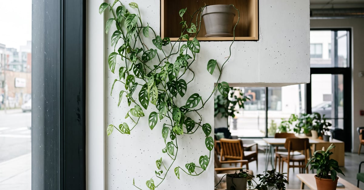 Plantes grimpantes d'intérieur accrochées à un support dans un appartement moderne et lumineux