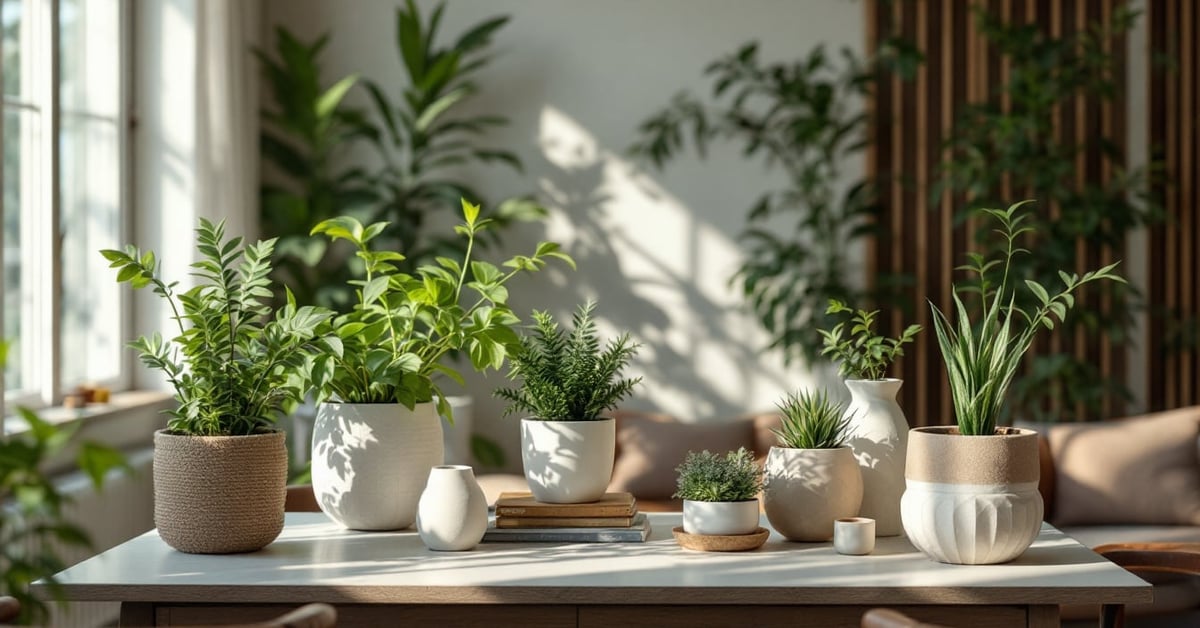 Plantes décoratives d'intérieur disposées dans un salon moderne aux tons naturels