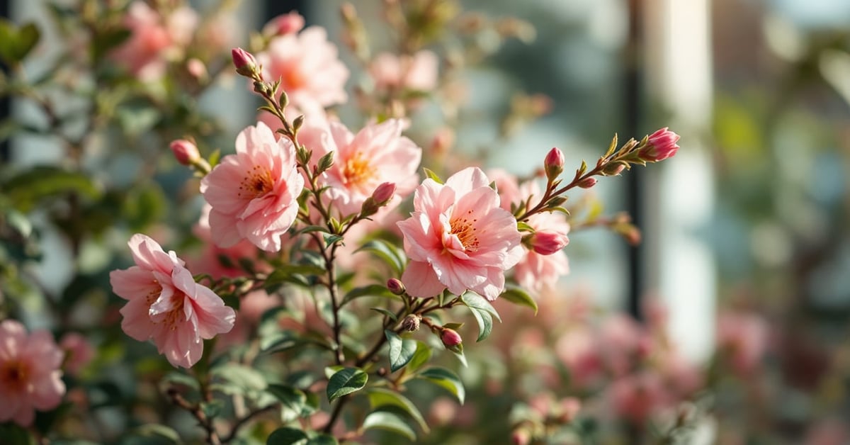 Plantes d'intérieur à fleur disposées dans un salon moderne baigné de lumière naturelle