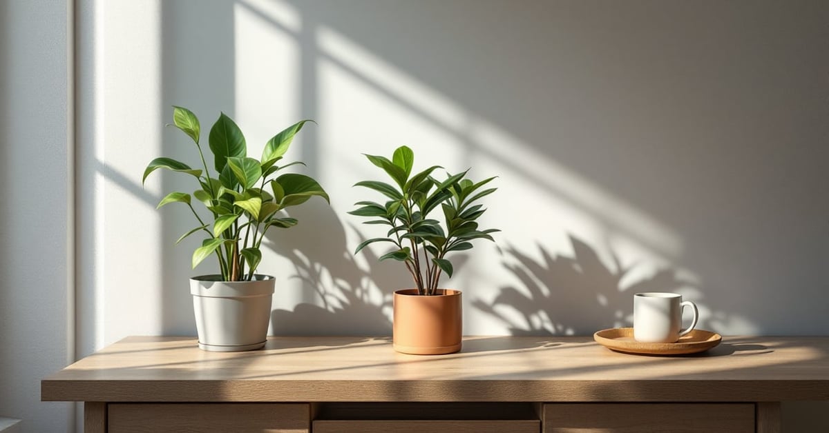 Plantes d'ombre intérieur disposées dans un salon moderne à faible luminosité