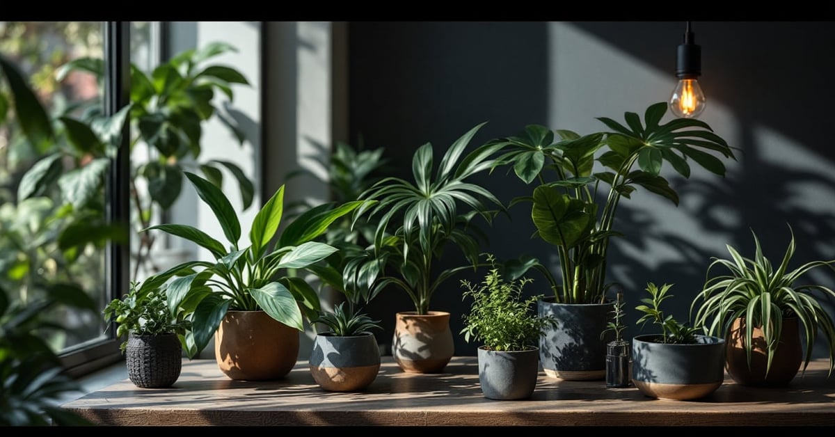 Plantes pour intérieur sombre disposées dans un salon moderne aux faibles luminosités