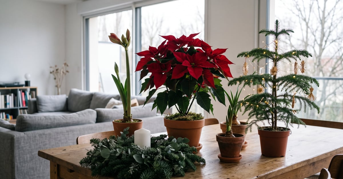Plantes de Noël d'intérieur élégamment disposées dans un salon moderne aux tons chaleureux